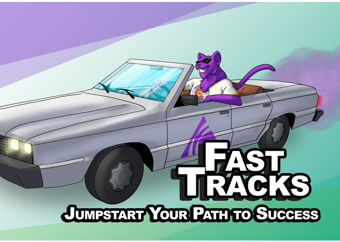 Fast Tracks - Jumpstart Your Path to Success (Cartoon Summit the ACC Puma mascot driving a convertible car with an ACC logo on it)