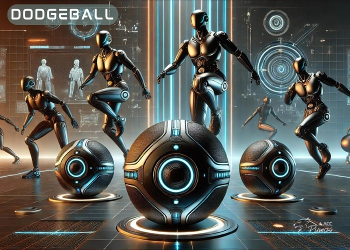 Dodgeball - ACC Puma logo - metal robots and balls in a room.