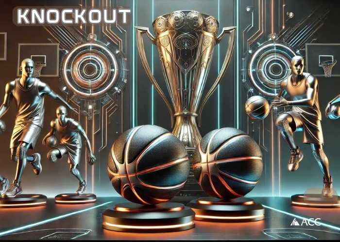 Knockout - ACC logo - images of metal basketball players, basketballs, and a trophy