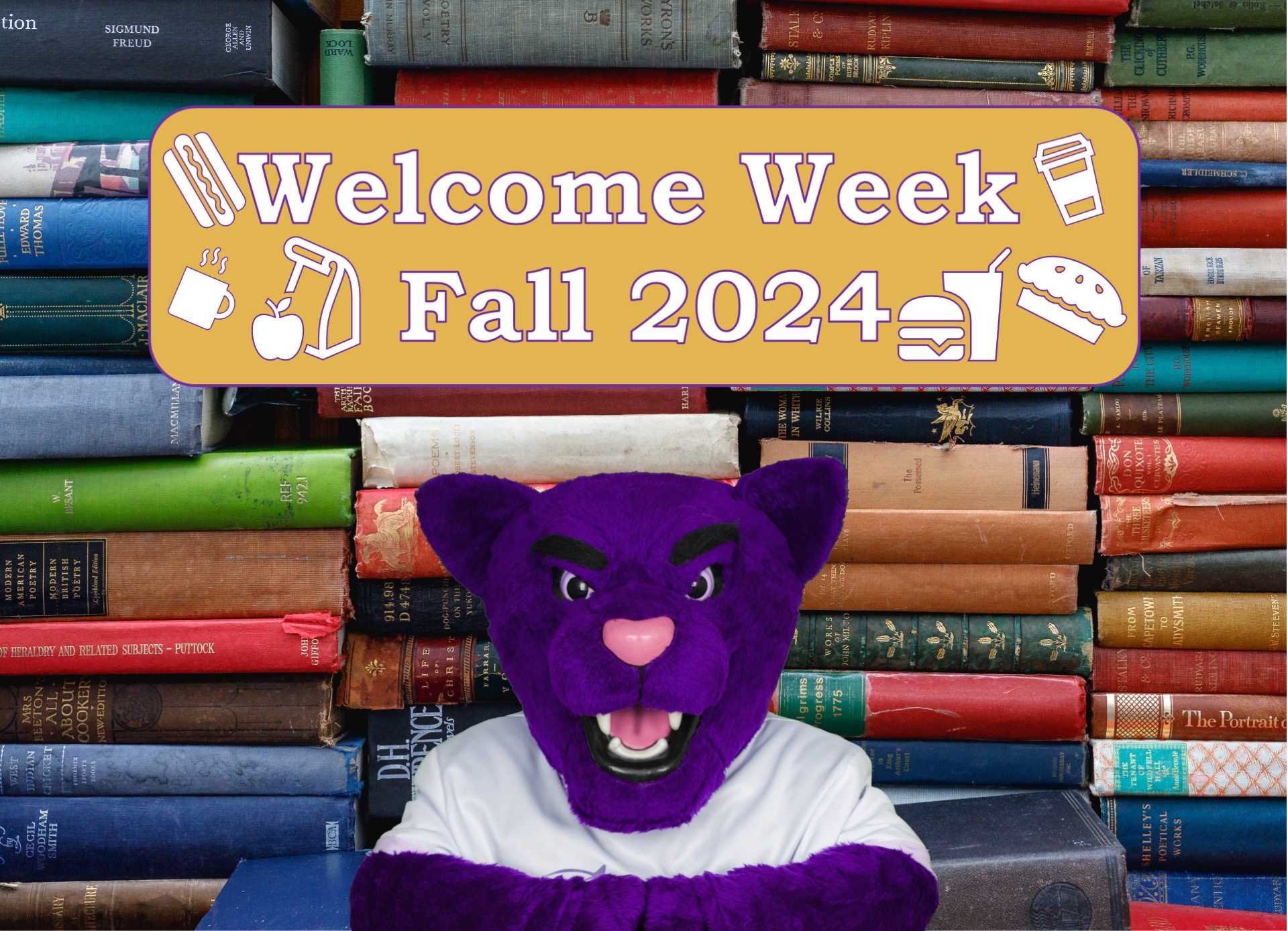 Welcome Week Fall 2024 - Summit the ACC Puma mascot surrounded by books