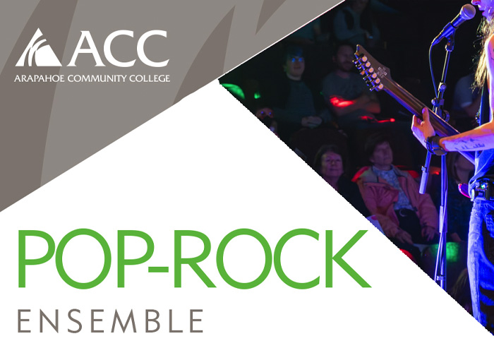 ACC Pop-Rock Ensemble - ACC student playing guitar in front of a microphone and an audience sitting and watching