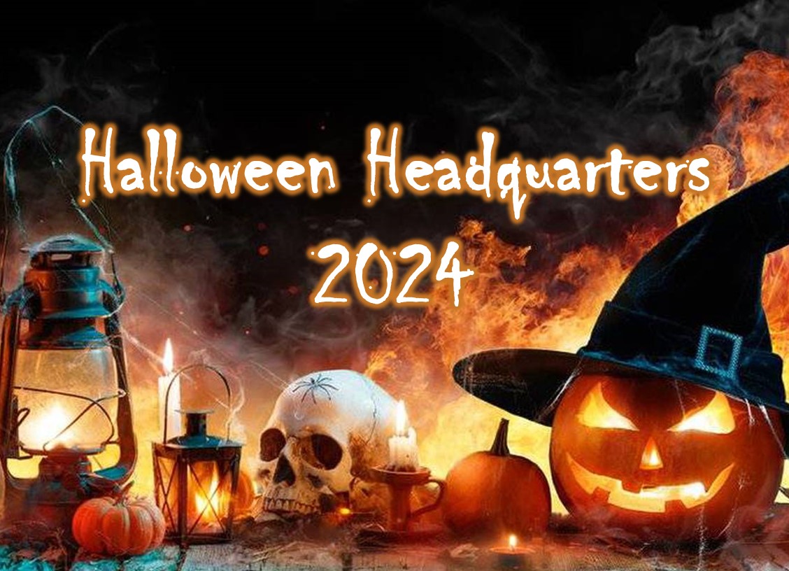 Halloween Headquarters 2024 - lanterns, skull, pumpkins, jack o'lantern, and other Halloween decor