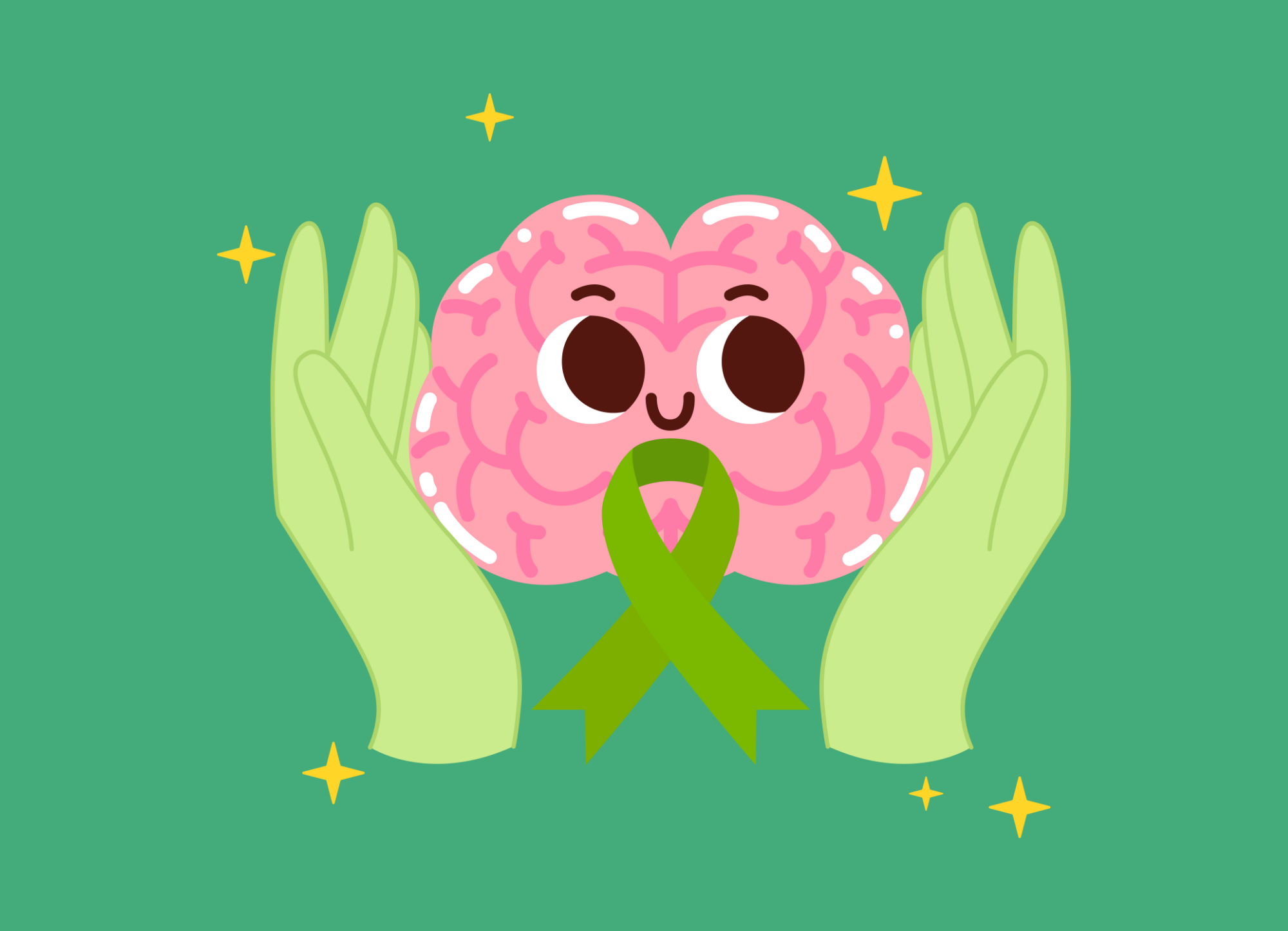 cartoon green hands holding brain