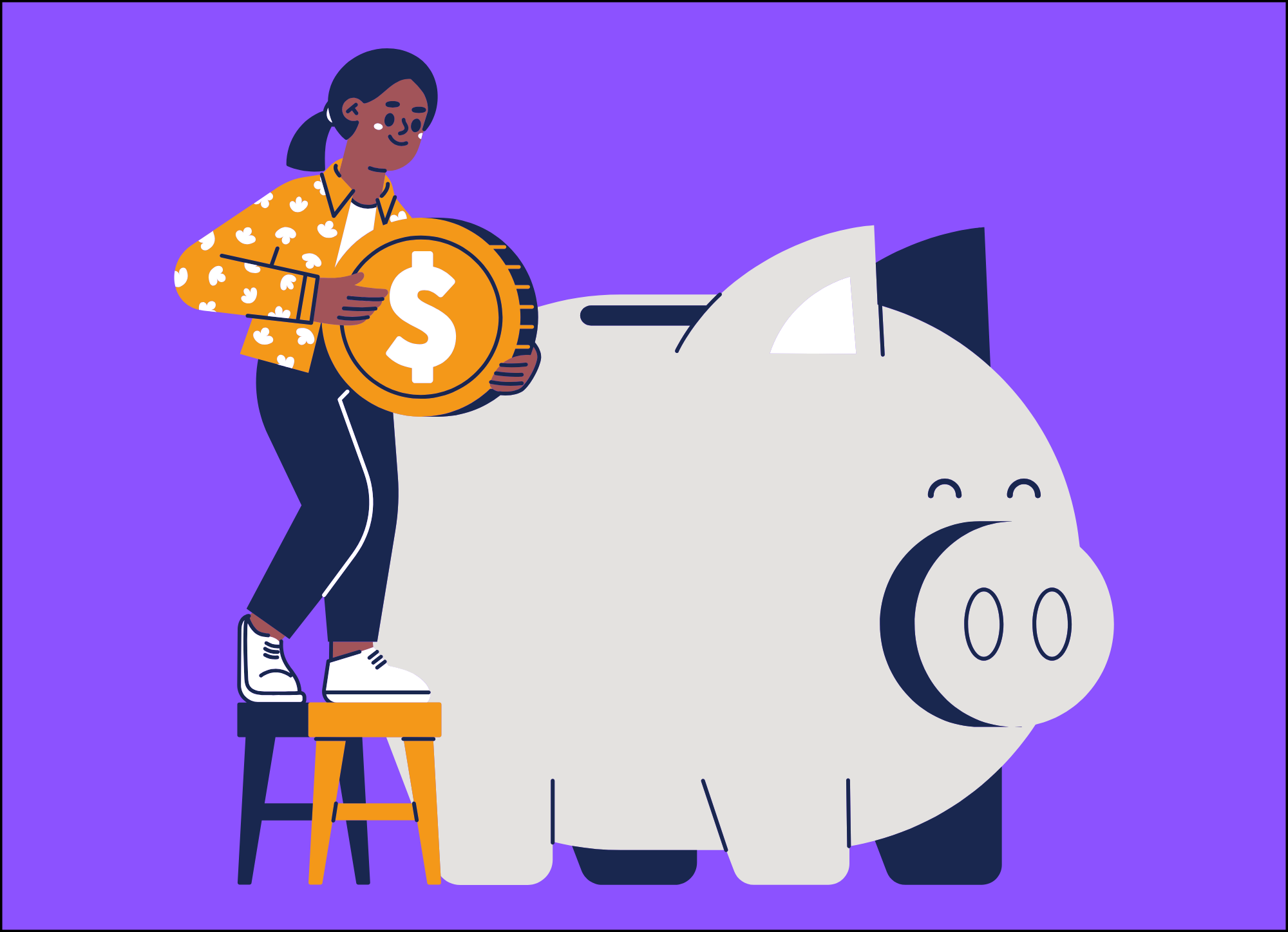 Cartoon person putting large coin into a giant piggy bank