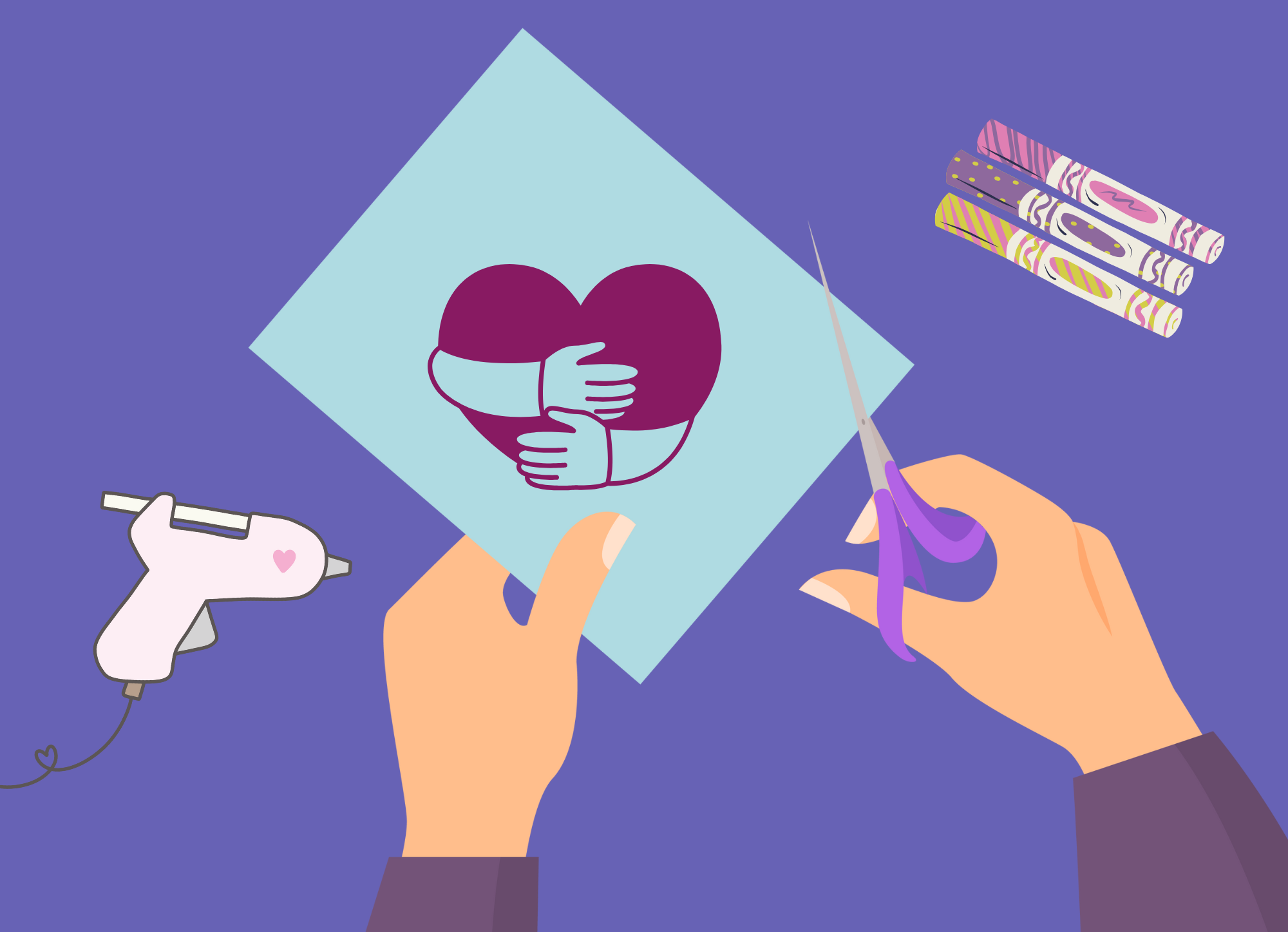 Self care items with hands (clipart) on purple background