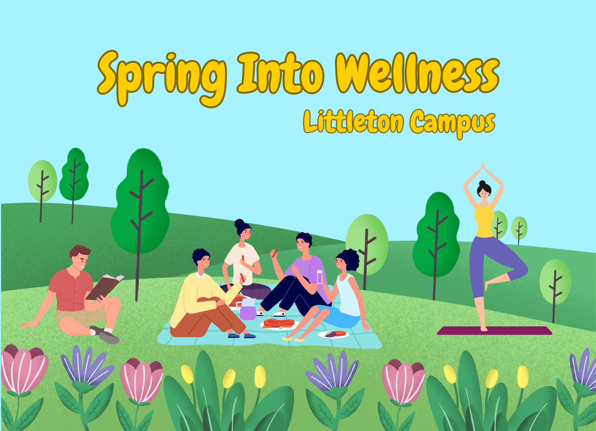 Spring Into Wellness (cartoon people outside in nature)