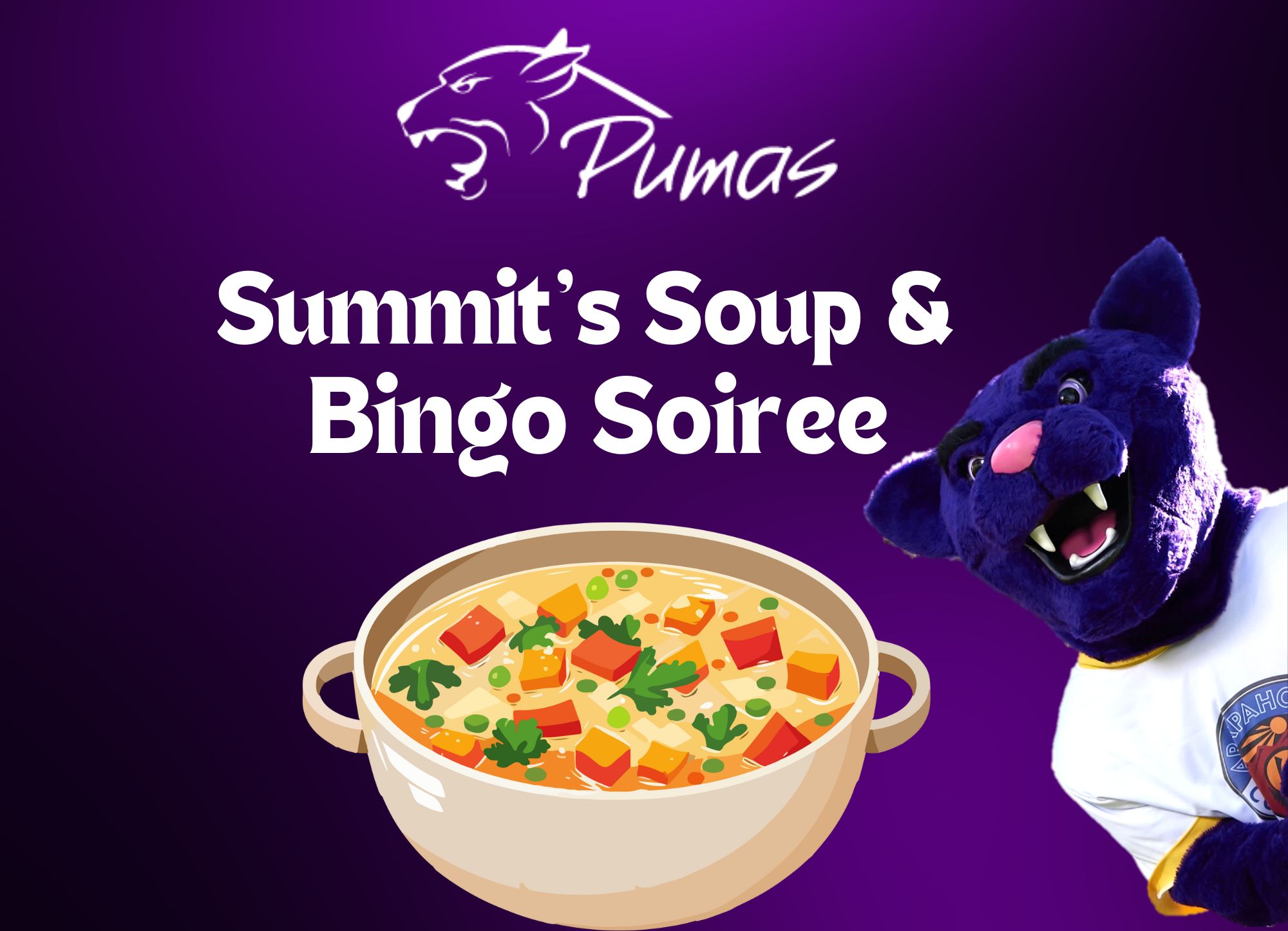 Summit's Soup & Bingo Soiree - bowl of soup on a purple background with ACC logo and Summit the Puma Mascot