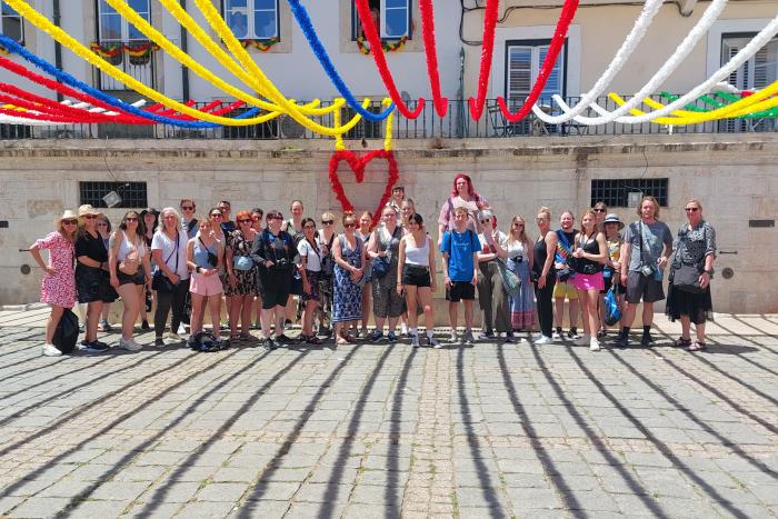 ACC students and faculty members pose for a group photo during a study abroad trip to Spain and Portugal.