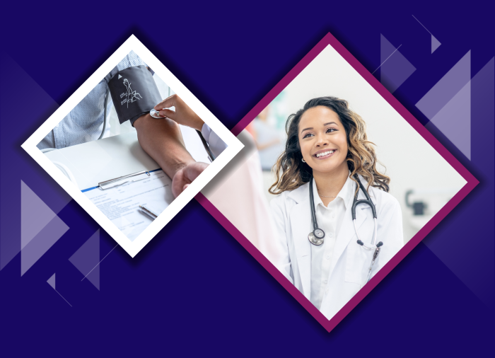 Woman in a lab coat with a stethoscope smiling. Person's arm with blood pressure cuff on...getting blood pressure taken.