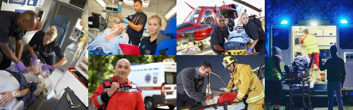 A collage of images of advanced paramedic practitioners providing life-saving critical care. The paramedics are stabilizing patients in ambulances, delivering patients to a hospital from a helicopter, and rescuing people in the field.