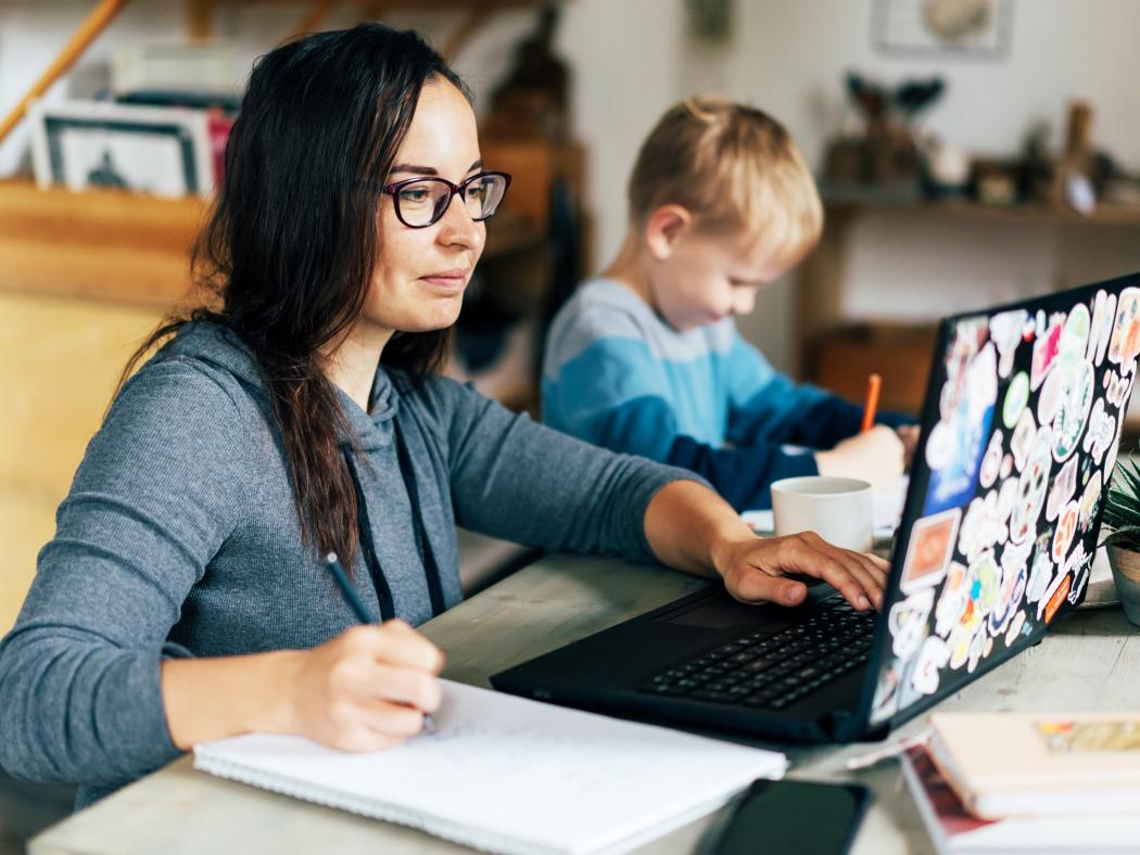 Au Pair at computer with child.