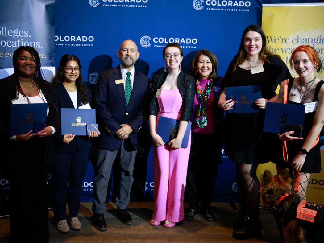 Elise Edwards, Isha Singh, CCCS Chancellor Joe Garcia, Isabelle Tolar, ACC President Stephanie J. Fujii, Alexa Fitzpatrick, and Ripley Cusinato