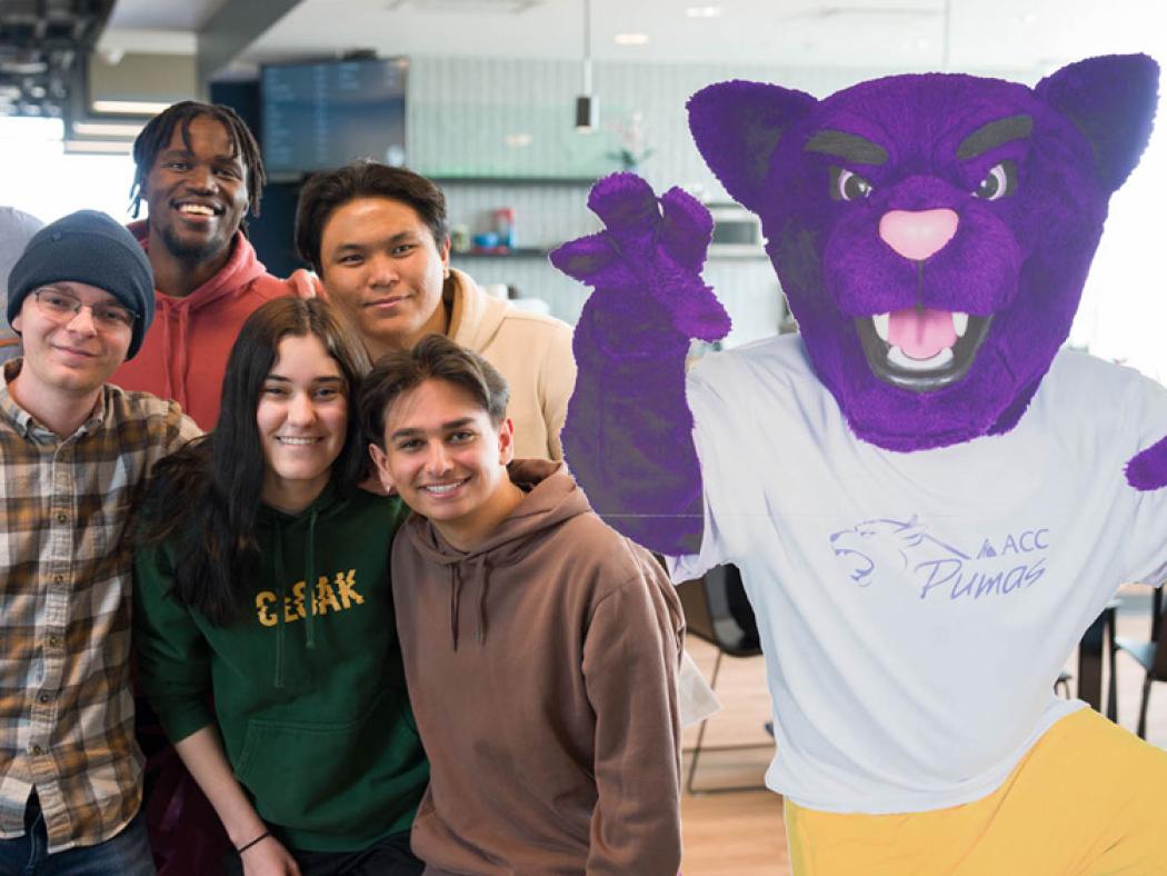 ACC students with Summit the Puma mascot cutout at ACC's Sturm Collaboration Campus at Castle Rock.