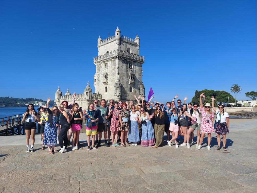 ACC students and faculty members pose for a group photo during their trip to Portugal and Spain.