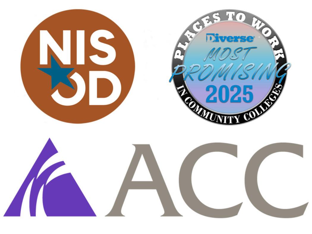 NISOD logo, ACC logo, Most Promising Places to Work in Community Colleges (MPPWCC) badge