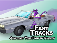 Fast Tracks - Jumpstart Your Path to Success (Cartoon Summit the ACC Puma mascot driving a convertible car with an ACC logo on it)