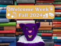 Welcome Week Fall 2024 - ACC puma mascot surrounded by stacks of books