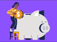 cartoon person putting giant coin into giant piggy bank.