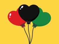 Heart-shaped balloons in red, black, and green on a yellow background