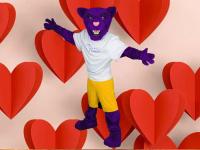 Summit (ACC's Puma Mascot) surrounded by big red hearts