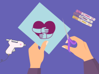 Self care items with hands (clipart) on purple background