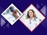 Woman in a lab coat with a stethoscope smiling. Person's arm with blood pressure cuff on...getting blood pressure taken.