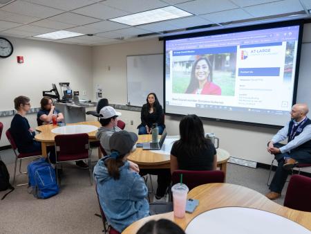 At-Large Councilwoman Serena Gonzales-Gutierrez visits a political science classroom at ACC's Littleton Campus.