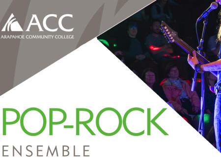 ACC Pop-Rock Ensemble - ACC student playing guitar in front of a microphone and an audience sitting and watching