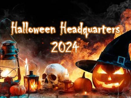 Halloween Headquarters 2024 - lanterns, skull, pumpkins, jack o'lantern, and other Halloween decor