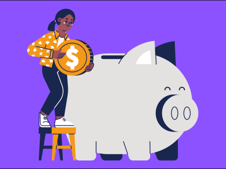 cartoon person putting large coin into giant piggy bank