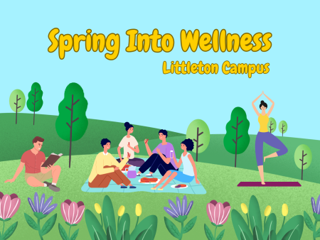 Spring Into Wellness (cartoon people outside in nature)