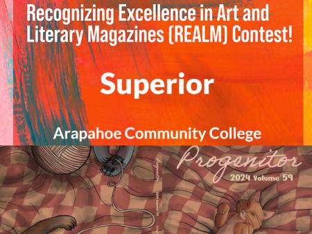 Progenitor 2024 Volume 59 cover with cats and yarn on checkered blanket under Recognizing Excellence in Art and Literary Magazines (REALM) Contest - Superior - Arapahoe Community College