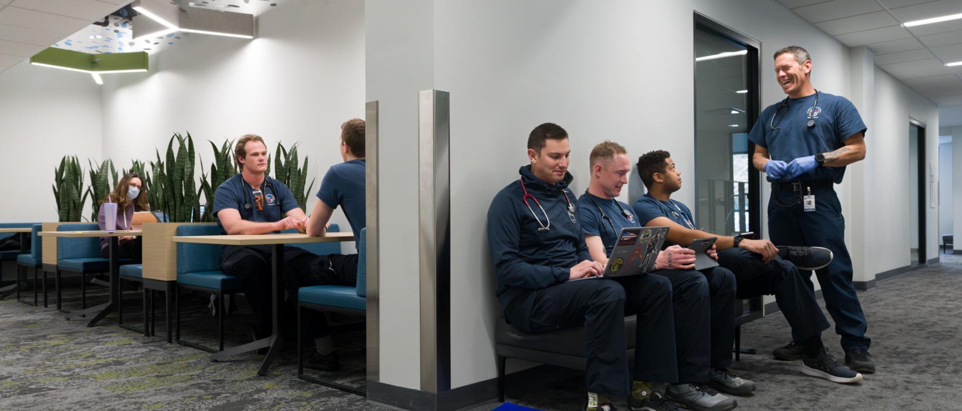 EMT/EMS students taking a break in the newly remodeled Health Innovation Center a the Littleton Campus.