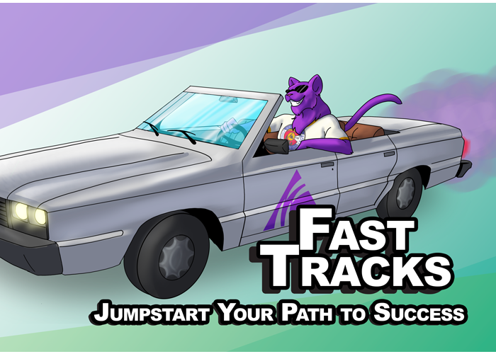 Fast Tracks - Jumpstart Your Path to Success (Cartoon Summit the ACC Puma mascot driving a convertible car with an ACC logo on it)