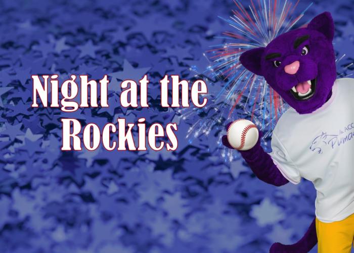 Night at the Rockies heading and Summit the ACC Puma mascot holding a baseball.