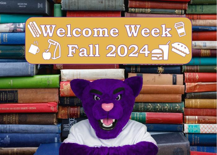 Welcome Week Fall 2024 - Summit the ACC Puma mascot surrounded by books