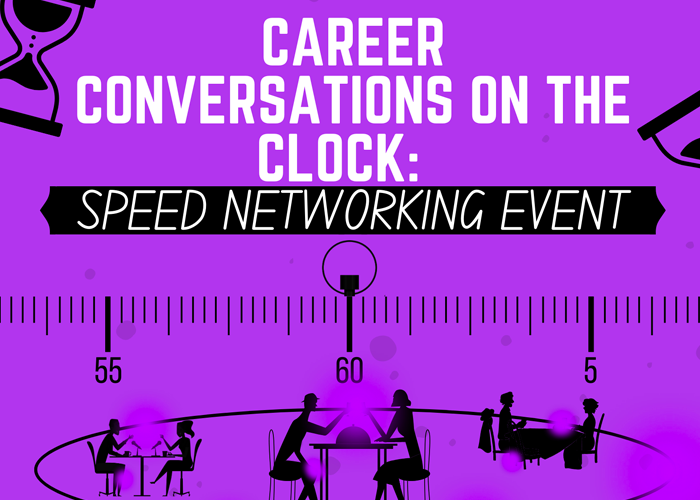 Career Conversations on the Clock: Speed Networking Event - cartoon people meeting at tables.