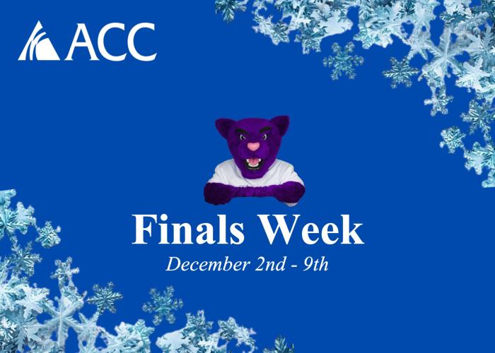 ACC logo - Finals Week December 2-9 - Summit the ACC Puma mascot and snowflakes on the border