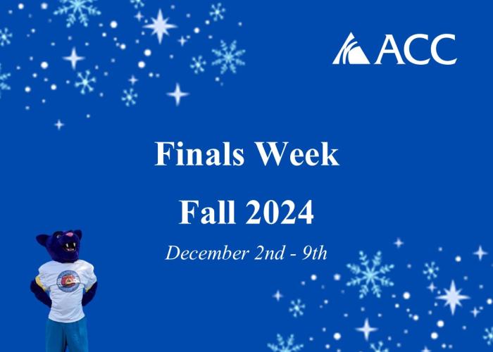 ACC logo - Finals Week December 2-9 - Summit the ACC Puma mascot and snowflakes on the border