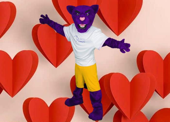 Summit (ACC's Puma Mascot) surrounded by big red hearts