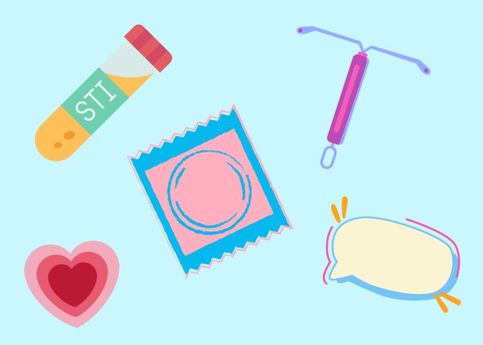 safe sex supplies (clipart) on a blue background