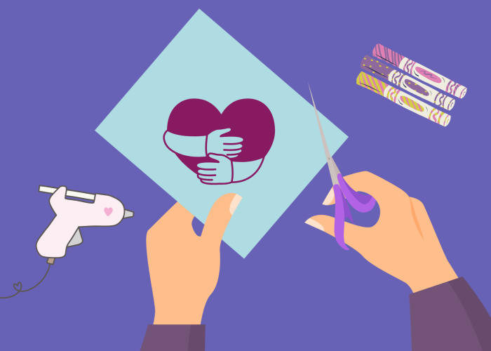 Self care items with hands (clipart) on purple background