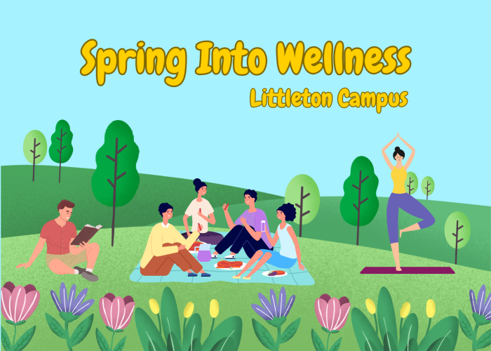 Spring Into Wellness (cartoon people outside in nature)