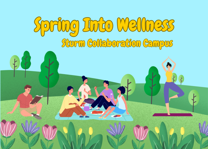 Spring Into Wellness - Sturm Collaboration Campus - cartoon people having a picnic outside