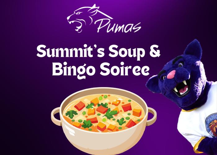 Summit's Soup & Bingo Soiree - bowl of soup on a purple background with ACC logo and Summit the Puma Mascot